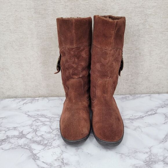 Coach Meyer Mid Winter Boots Brown Logo Signature Suede Women's Size 8.5 - Picture 4 of 15